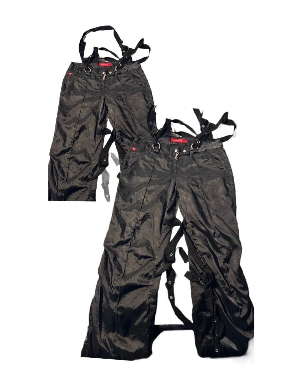 Vintage Miss Sixty Silk Black Parachute Cargo Bondage Pants Multiple Straps